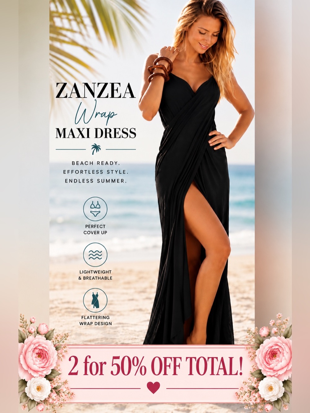 ZANZEA Black Maxi Beach Cover Up Wrap Dress S